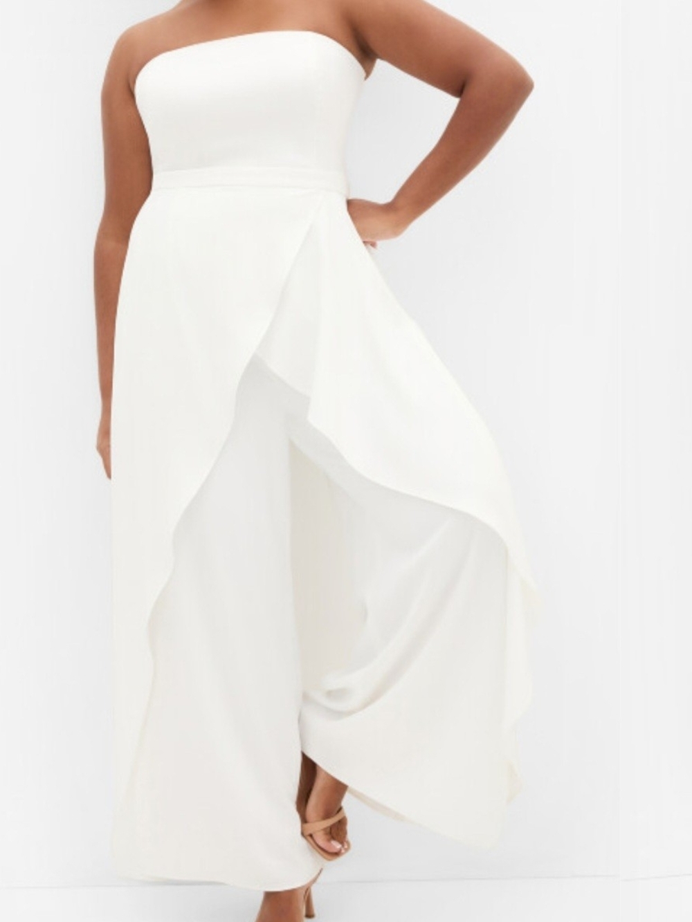 City Chic Ivory Strapless Wide-Leg Jumpsuit with Draped Overlay - Picture 3 of 15